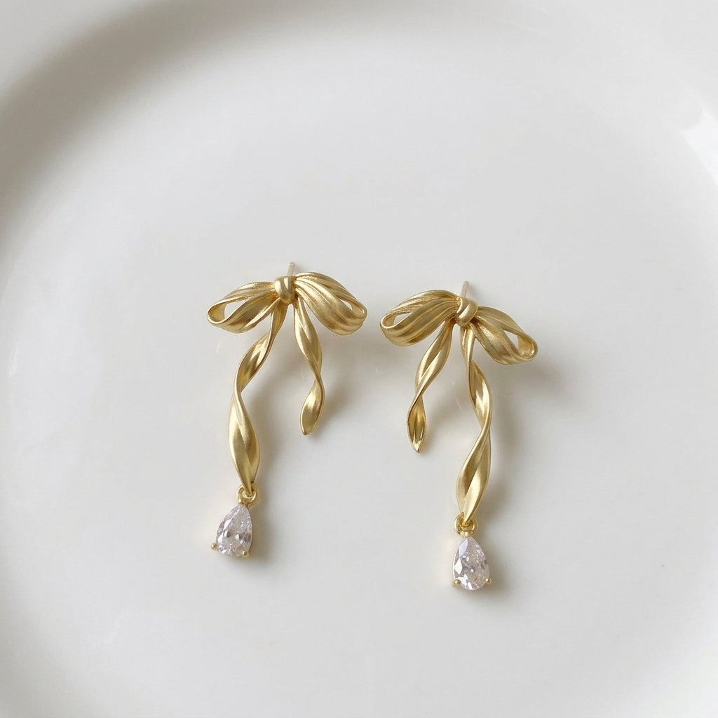 Matte Ribbon & Crystal Drop Earrings