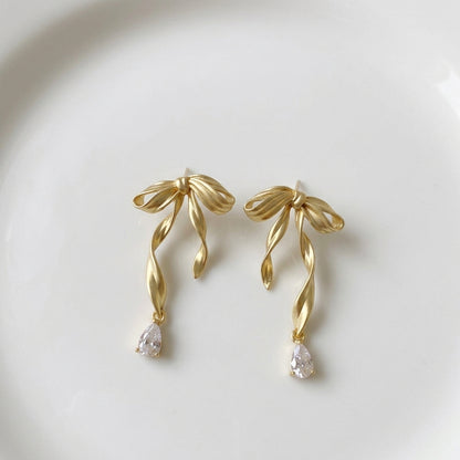Matte Ribbon & Crystal Drop Earrings