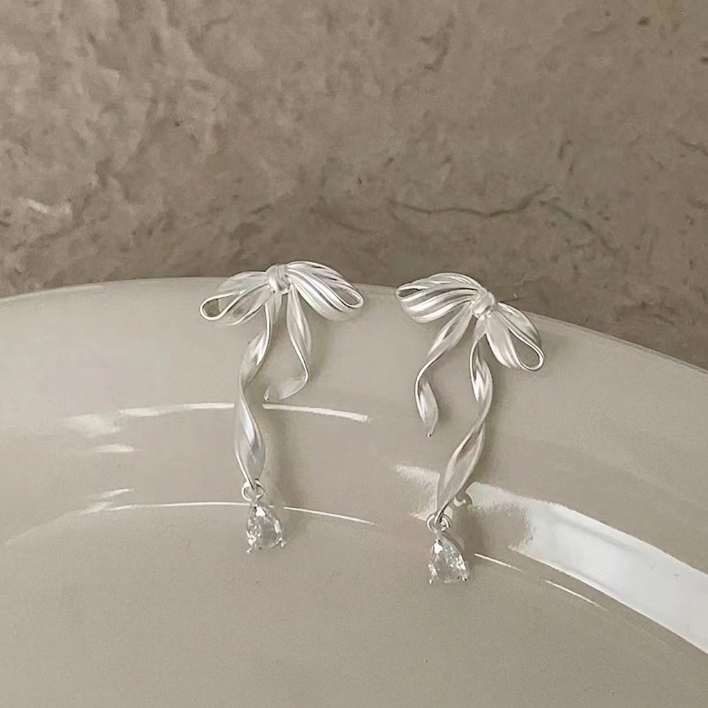 Matte Ribbon & Crystal Drop Earrings